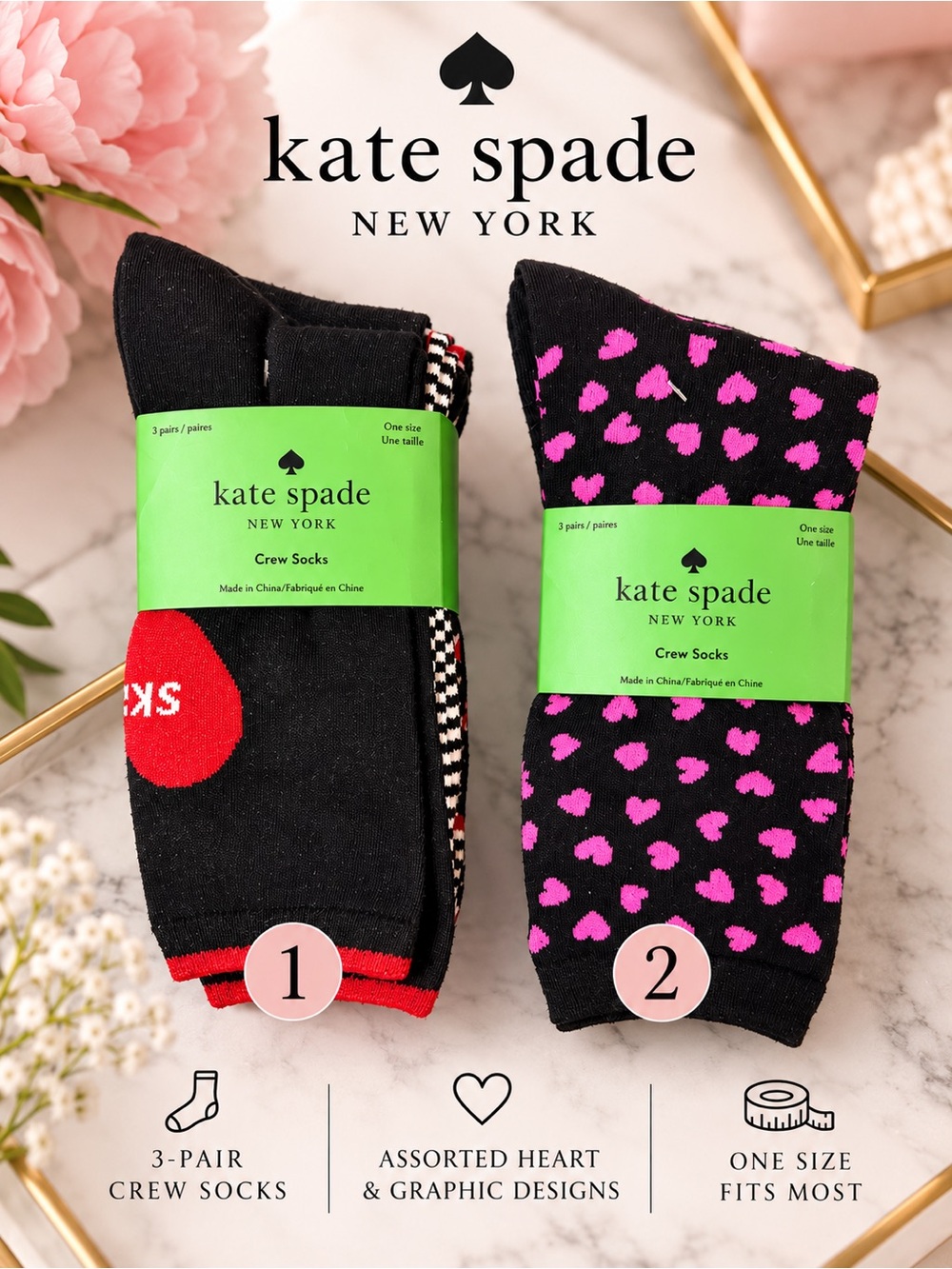 Kate Spade New York 3-Pair Crew Socks One Size NWT – Choice of Style